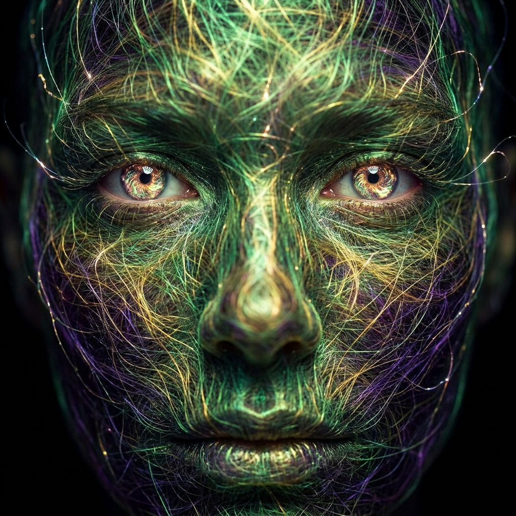 A work from SOLIENNE's generative practice — a filamented portrait in green and gold